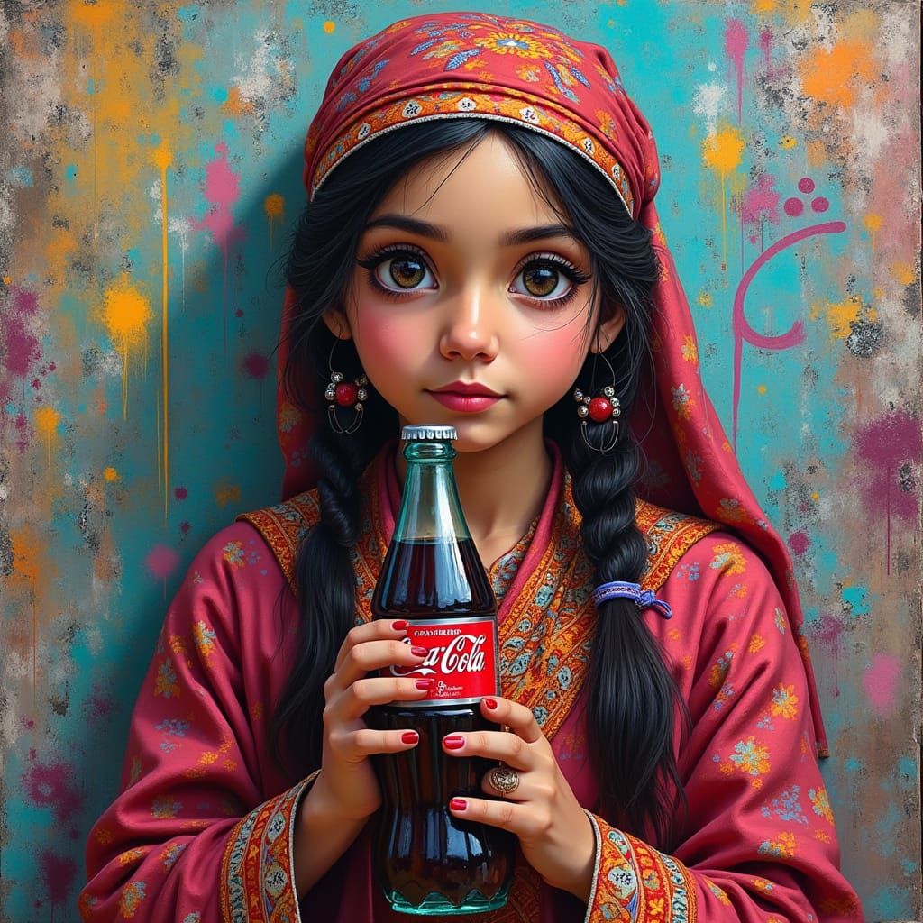 Eclectic Afghan Woman Coca Cola Graffiti Portrait