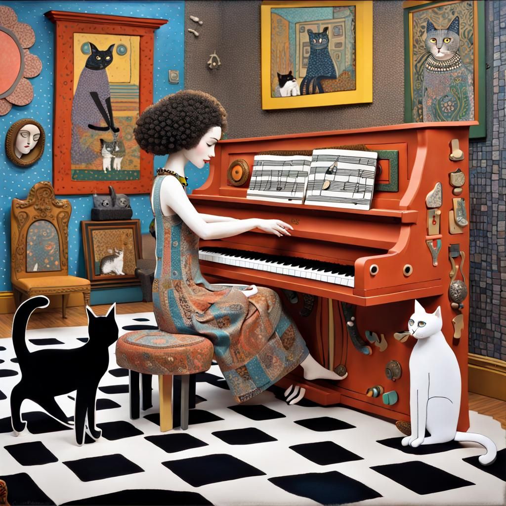 Girl Plays Piano for Cats in Folk Art Style