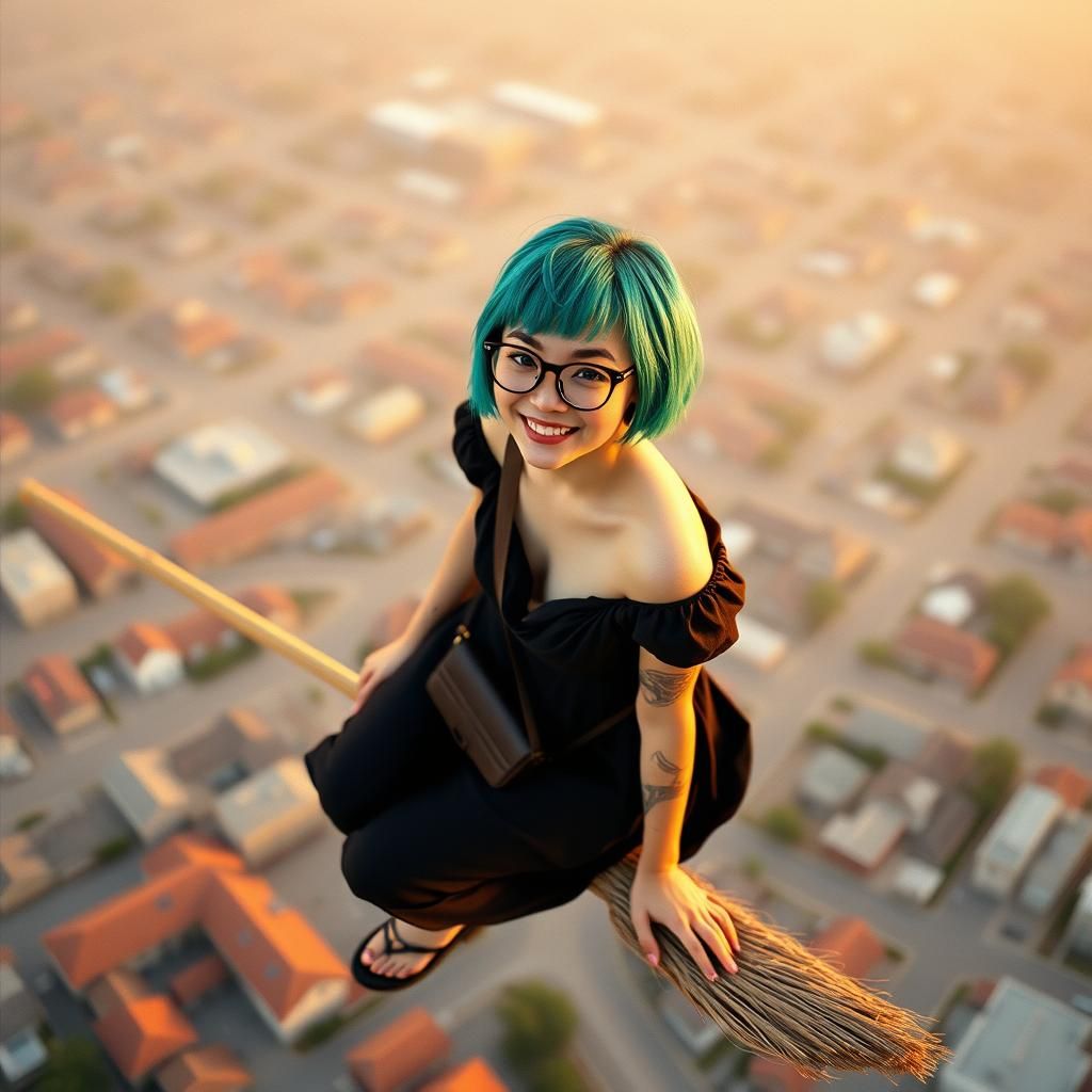 Girl with Teal Hair on Flying Broom