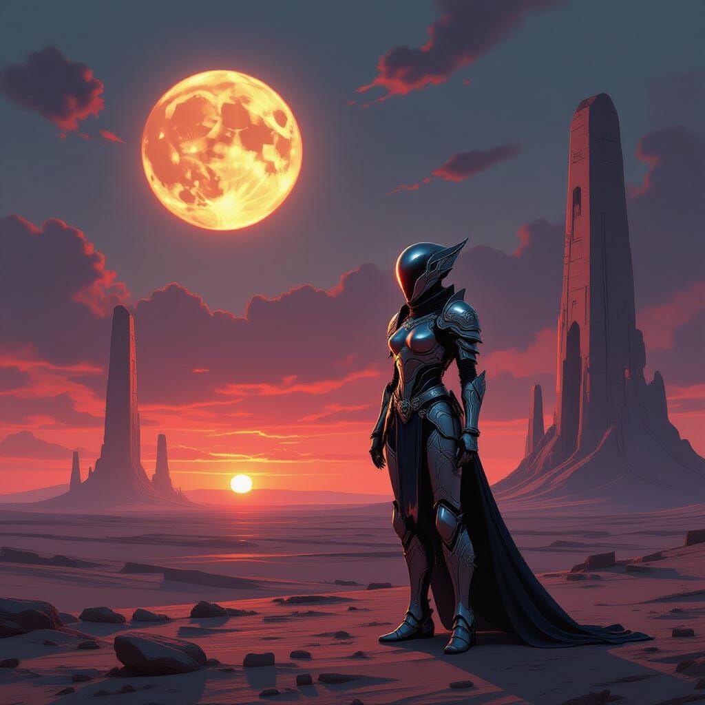 Female Android Warrior in Elven Armor Under Binary Sunset