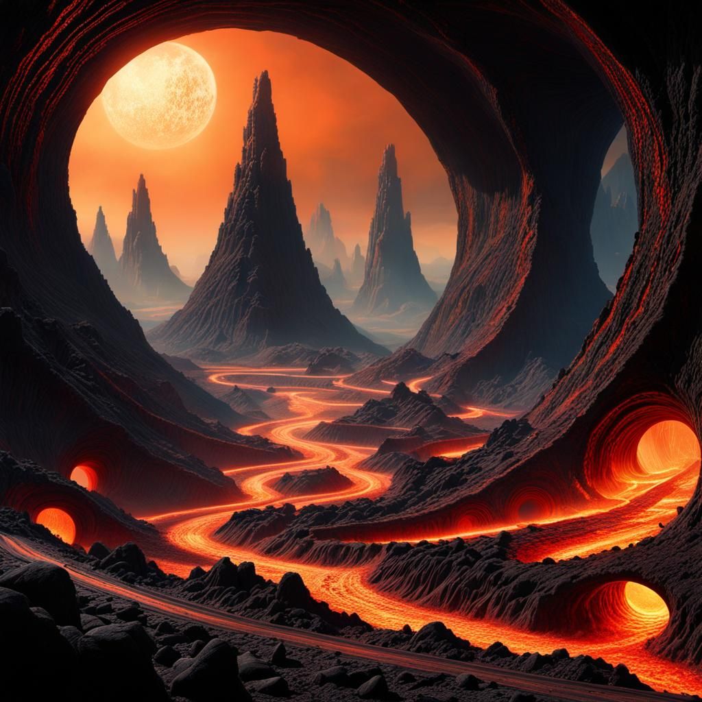 A cosmic landscape of lava rivers and alien terrain, microsc...