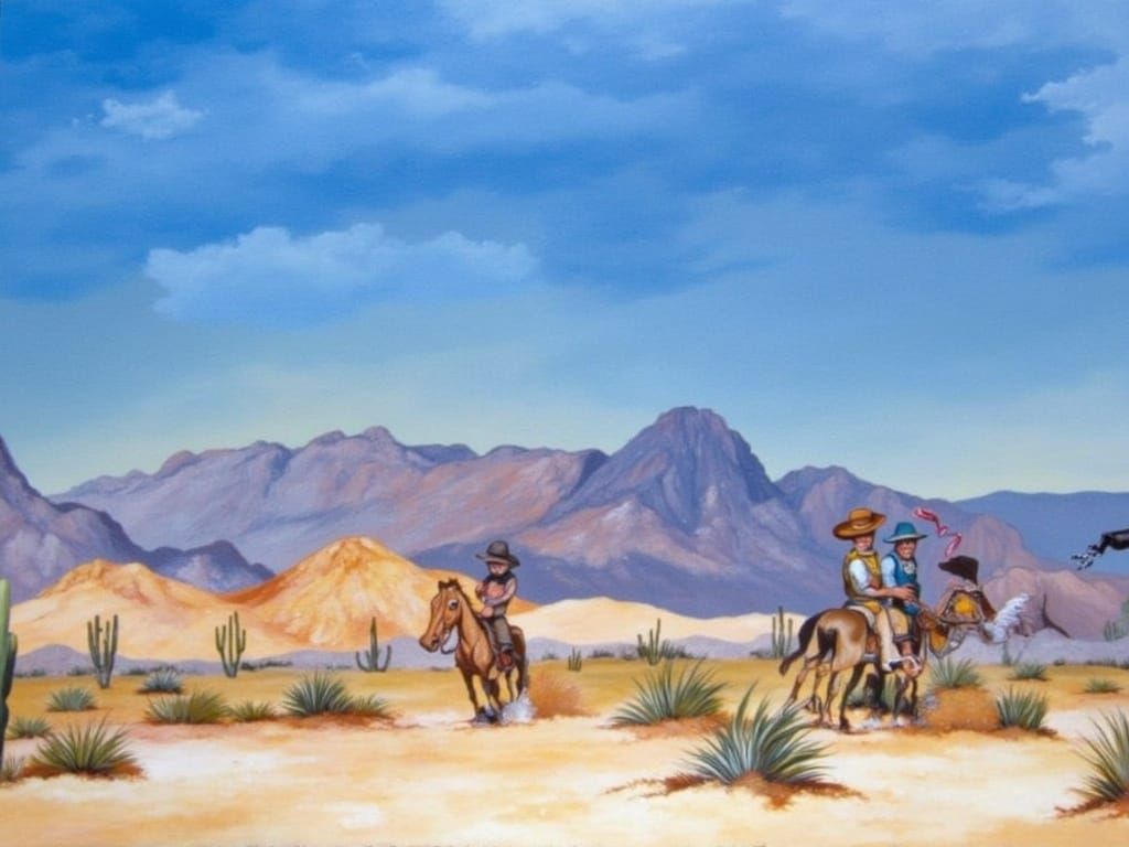 Mexican Bandits Ride Through Desert Landscape