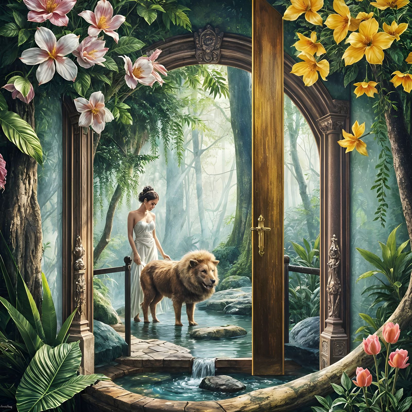 Goddess Unveiled: Rainforest Door in Gouache Style