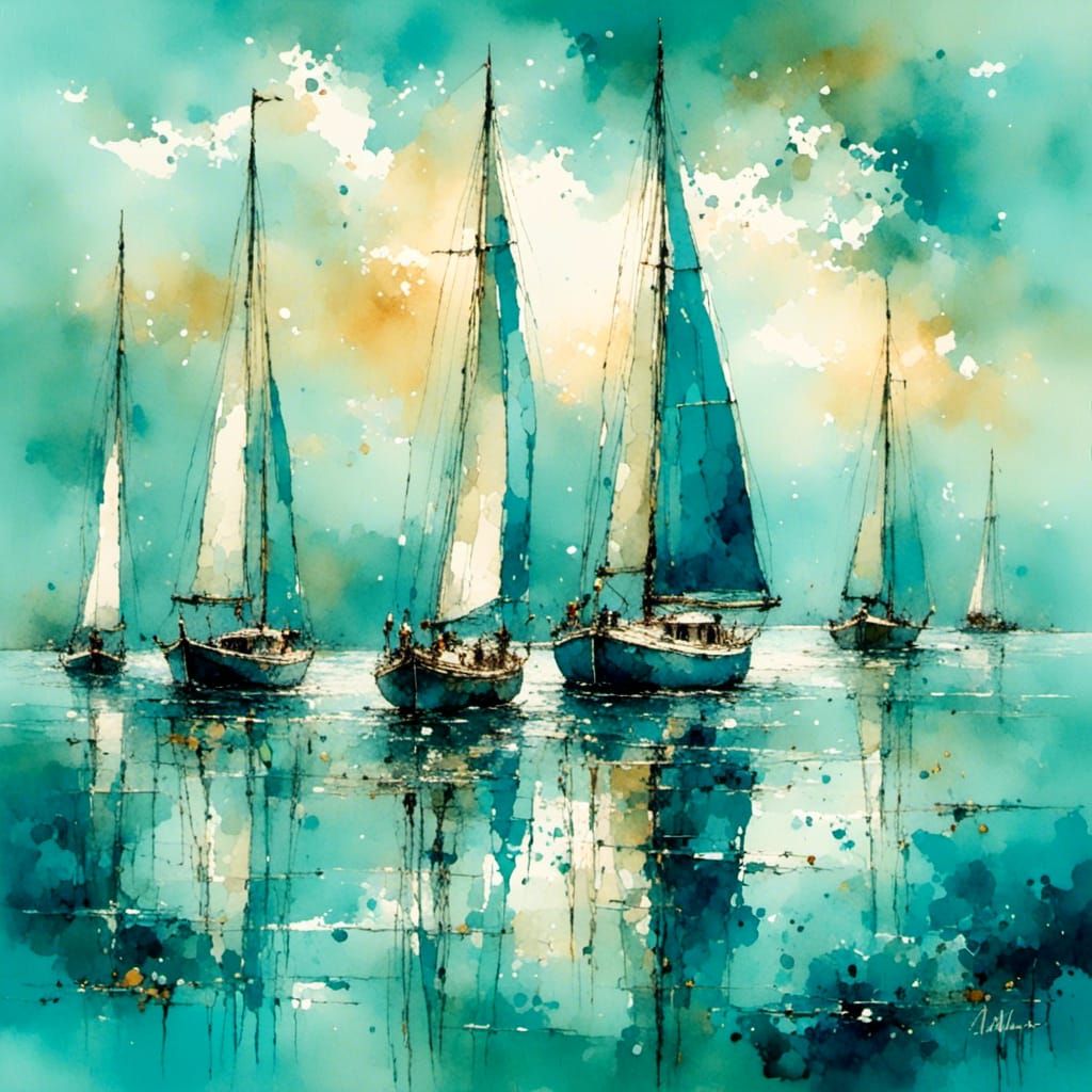 Serene Sailboats in Turquoise Ocean: Coastal Painting