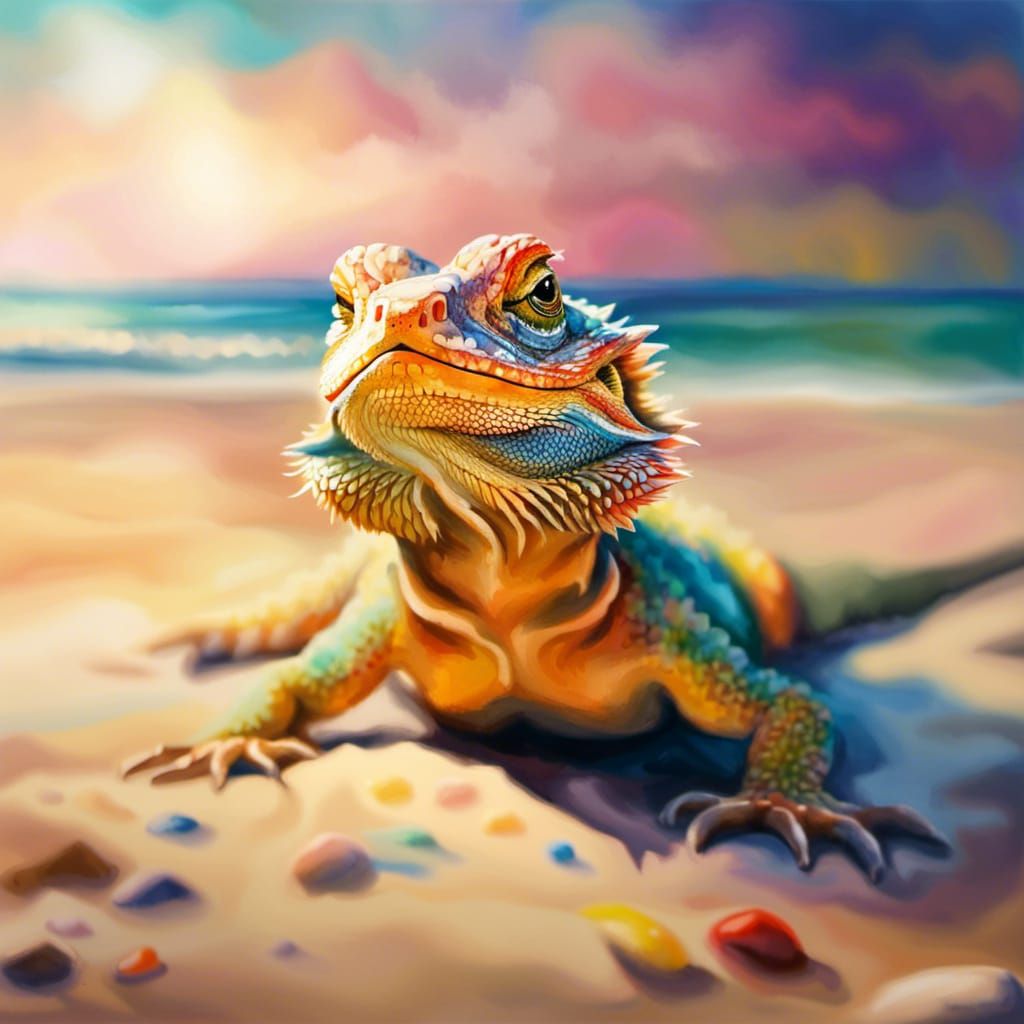 Bearded Dragon on Beach: Watercolor Gouache Impressionism