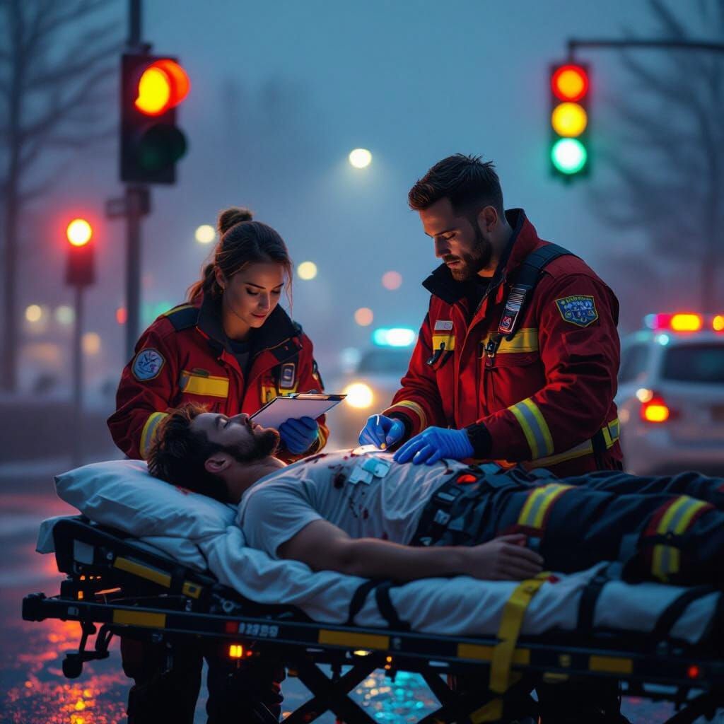 Paramedics Assist Patient at Foggy Accident Scene