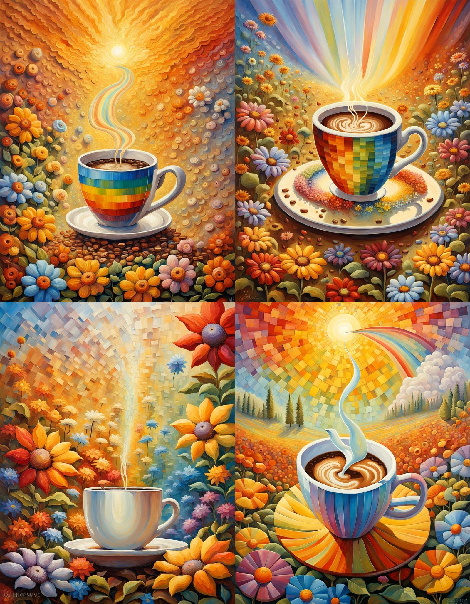 Impressionist Coffee with Flowers in Palette Knife Style