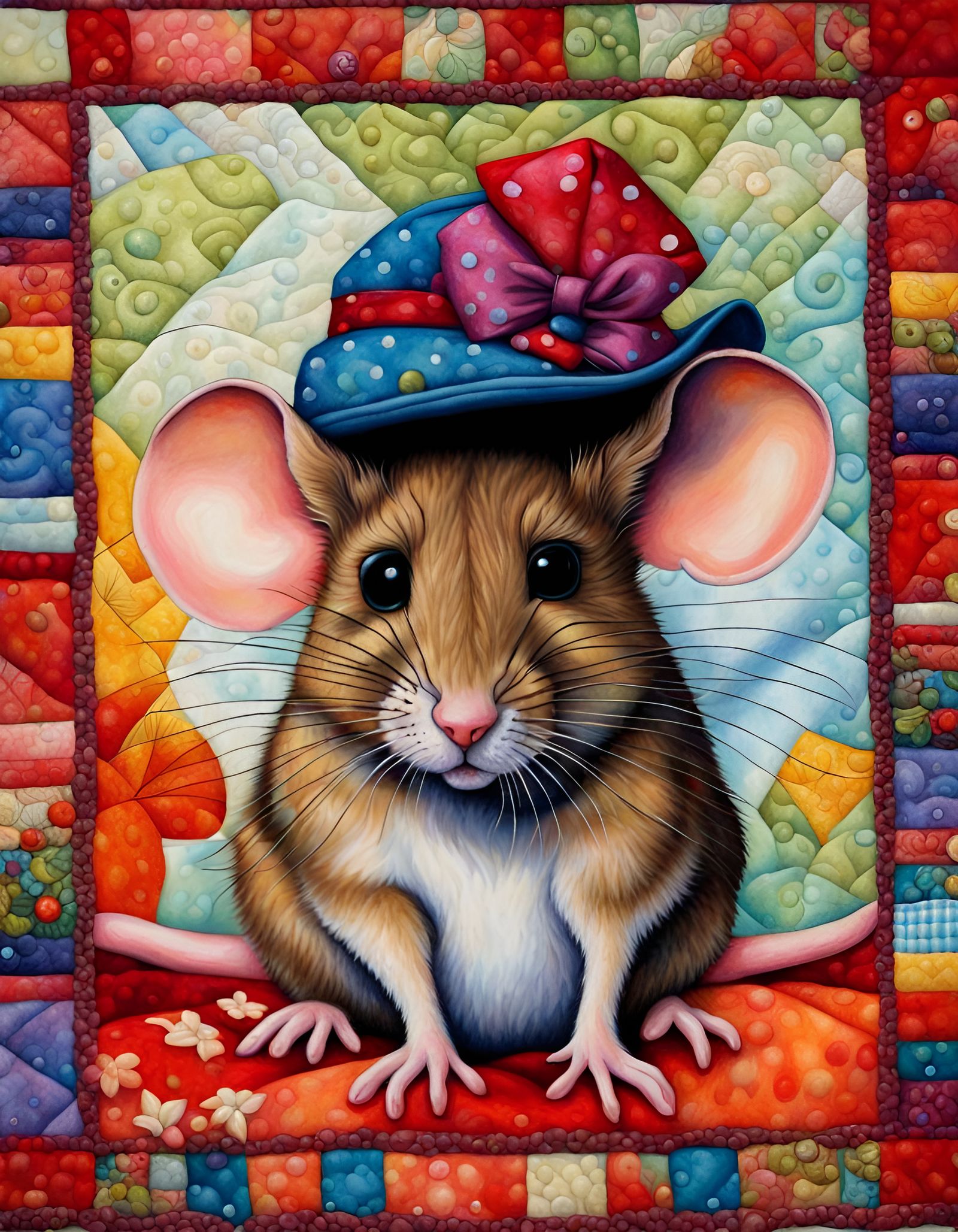Mouse with Hat in Vivid Fabric Quilt