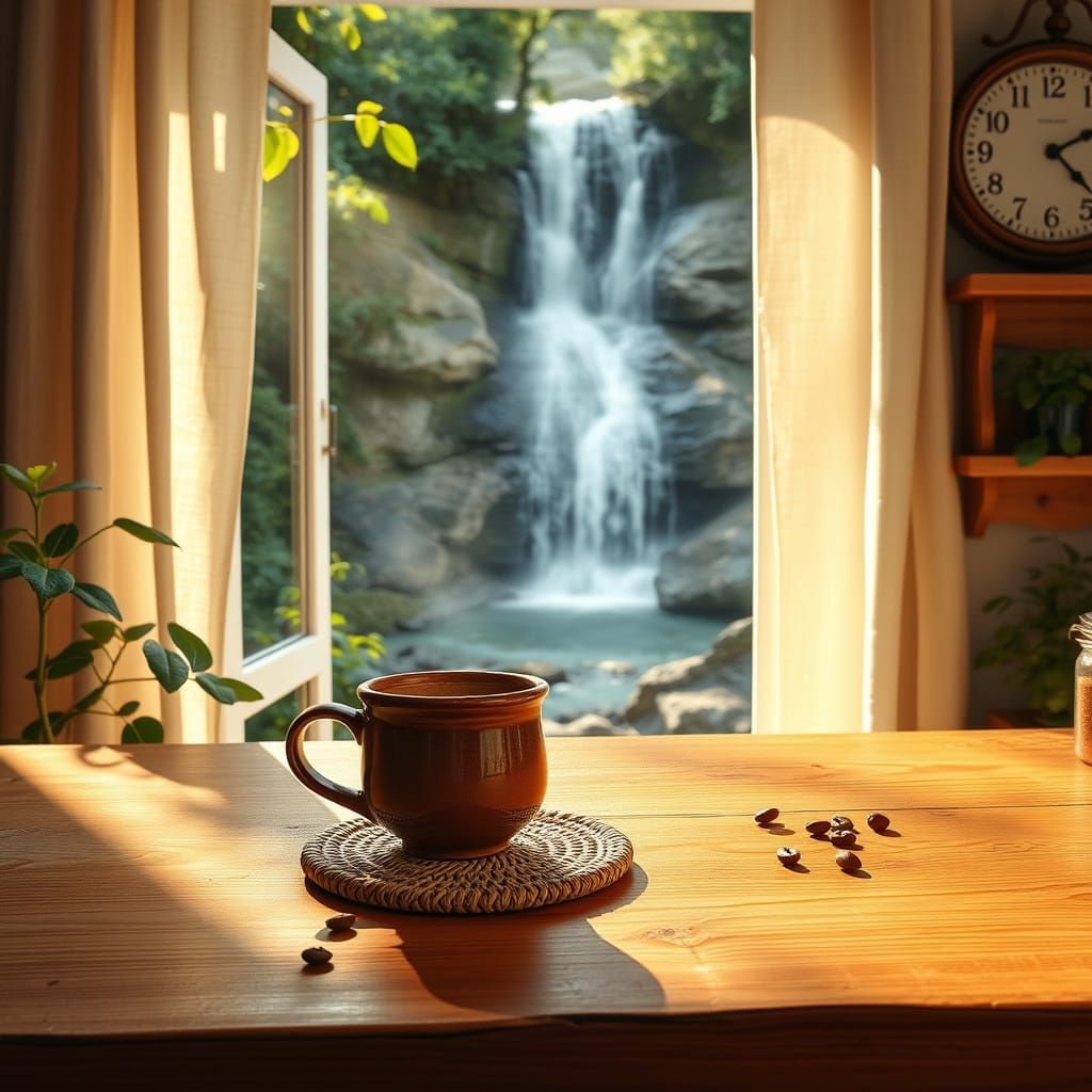 Warm Golden Light in a Serene Kitchen with Waterfall View
