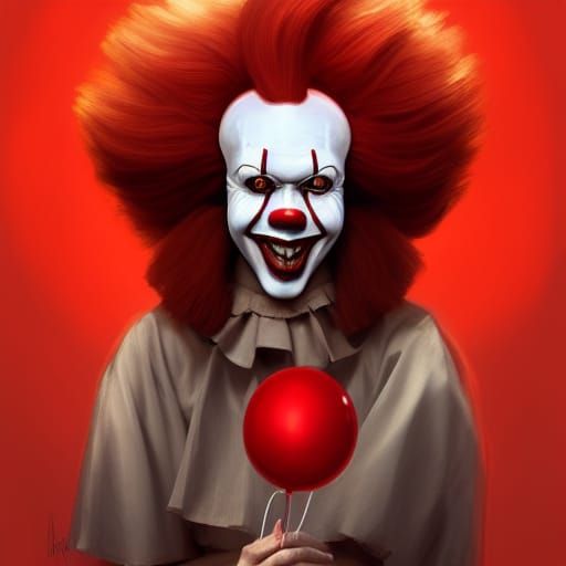 Pennywise Portrait with Red Balloon: Hyperdetailed Concept A...