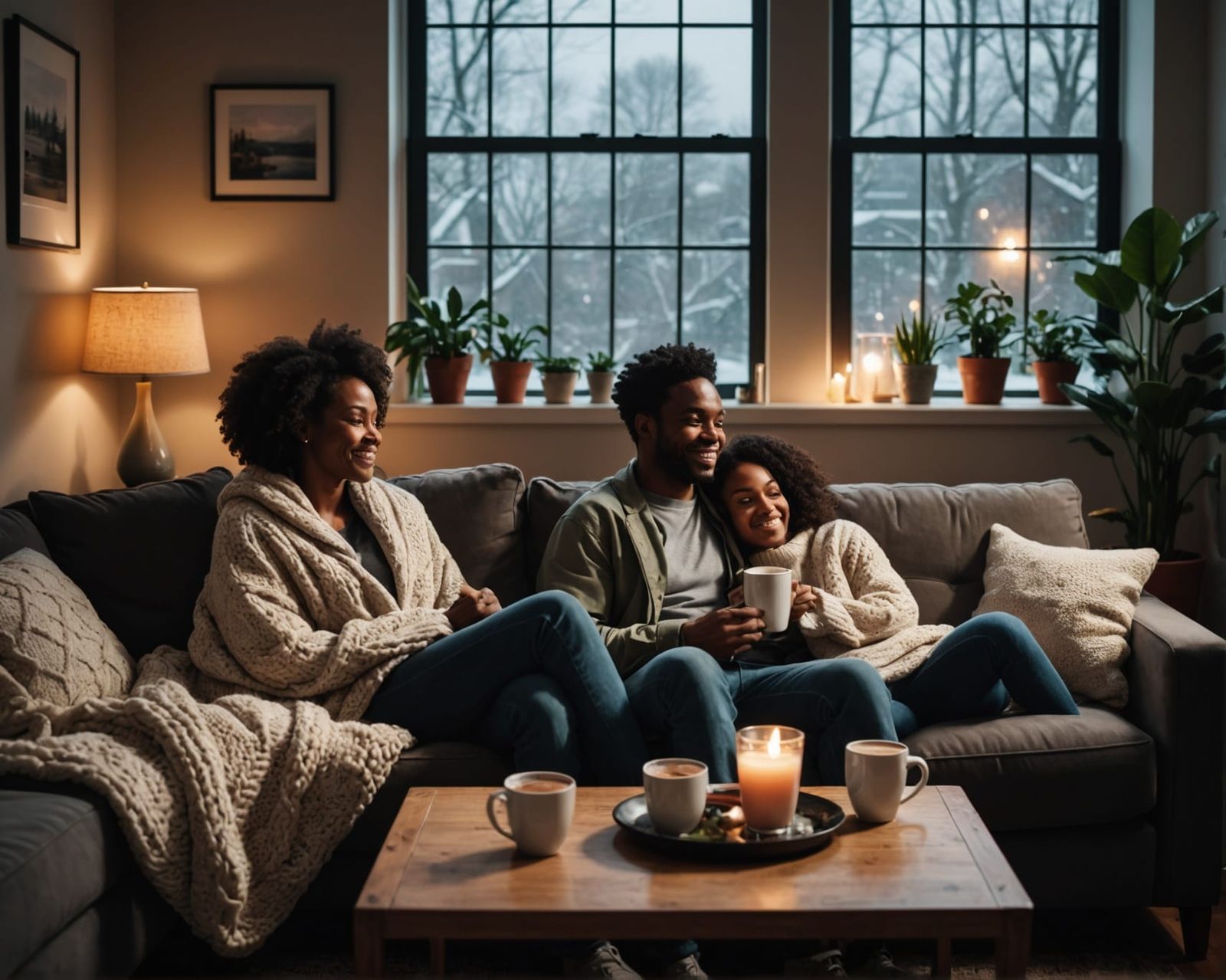 Cozy Couple Cuddling in Ambient Lit Living Room
