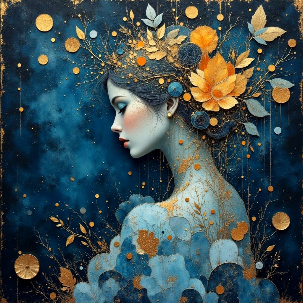 Ethereal Deep Blue Art with Gold and Red Accents
