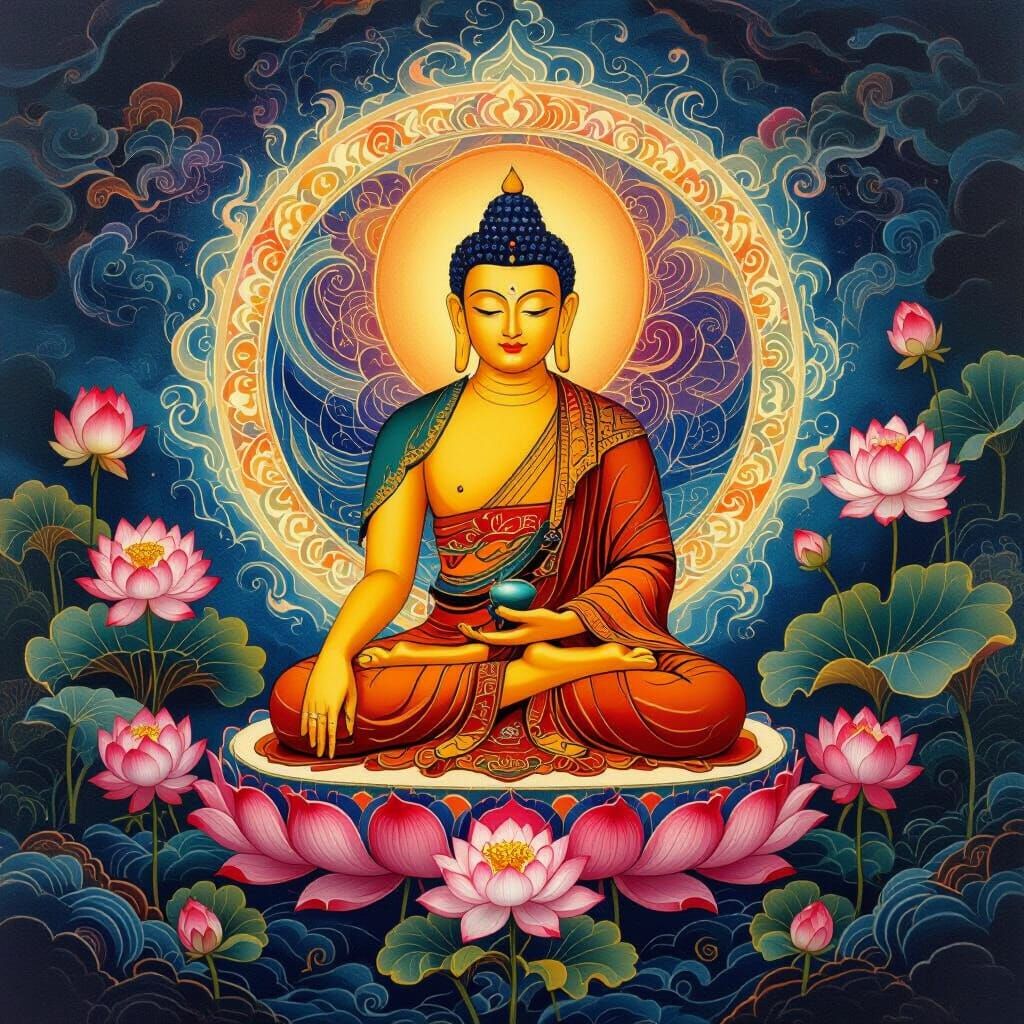 Buddha in Nirvana: Cosmic Energy and Lotus Flowers