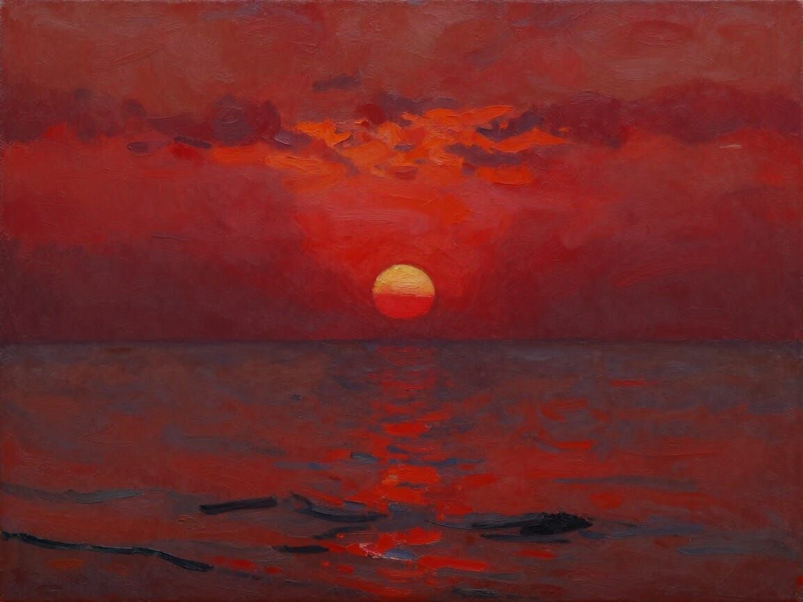 Vibrant Red Sunset Over Water: Expressionist Landscape Paint...