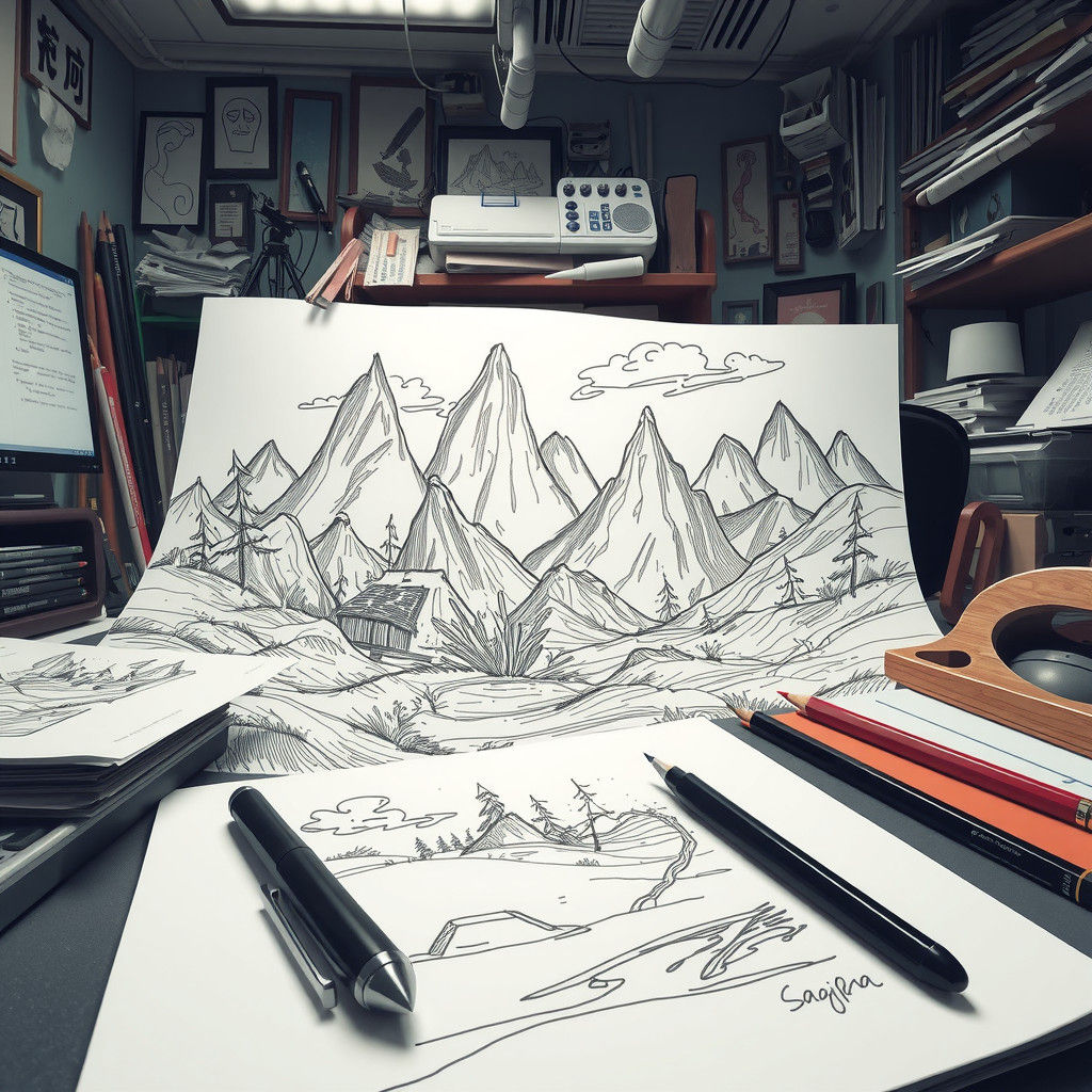Whimsical Doodle-Art Fantasy Landscape in Studio Setting