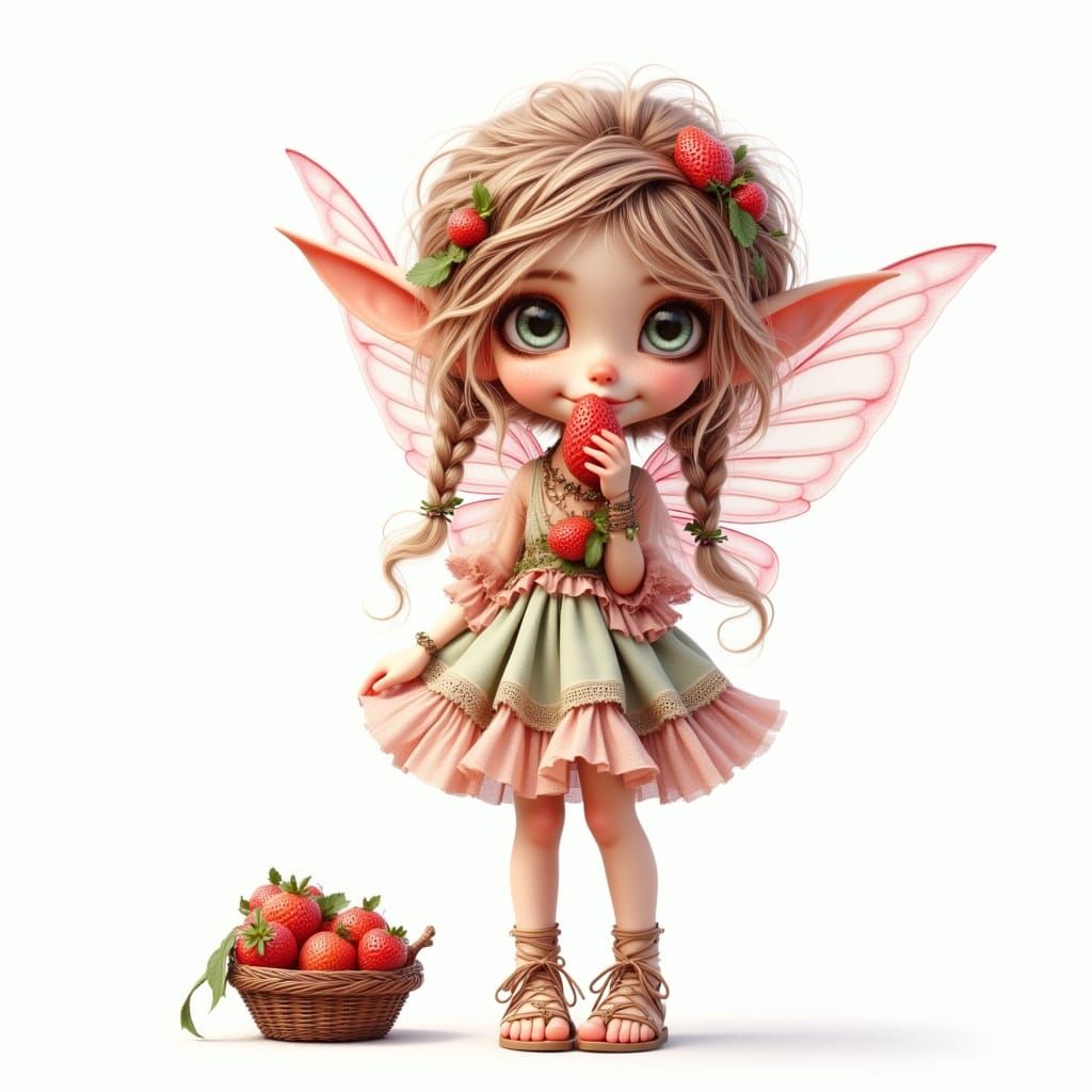 Cute Fairy Tastes Strawberry in Cartoon Style