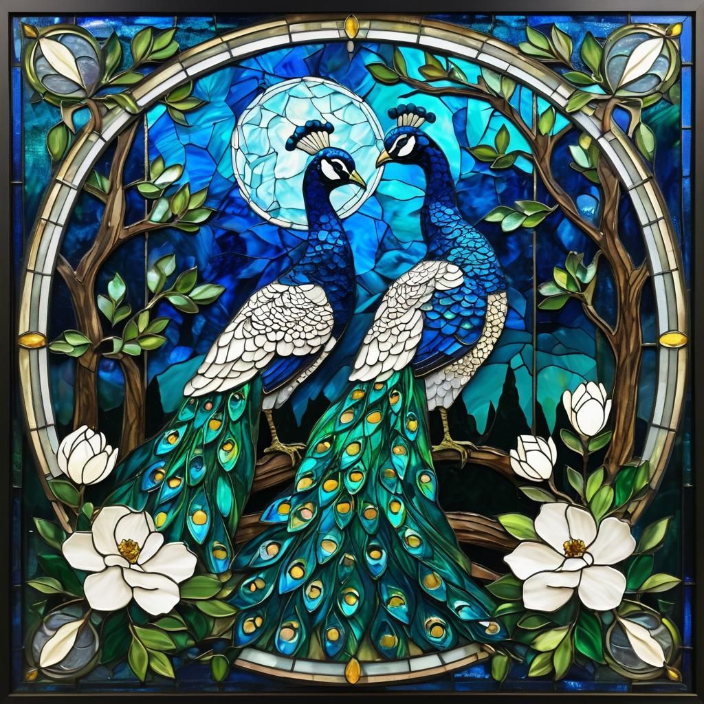 Blue and Green Peacocks in Vibrant Impasto Painting