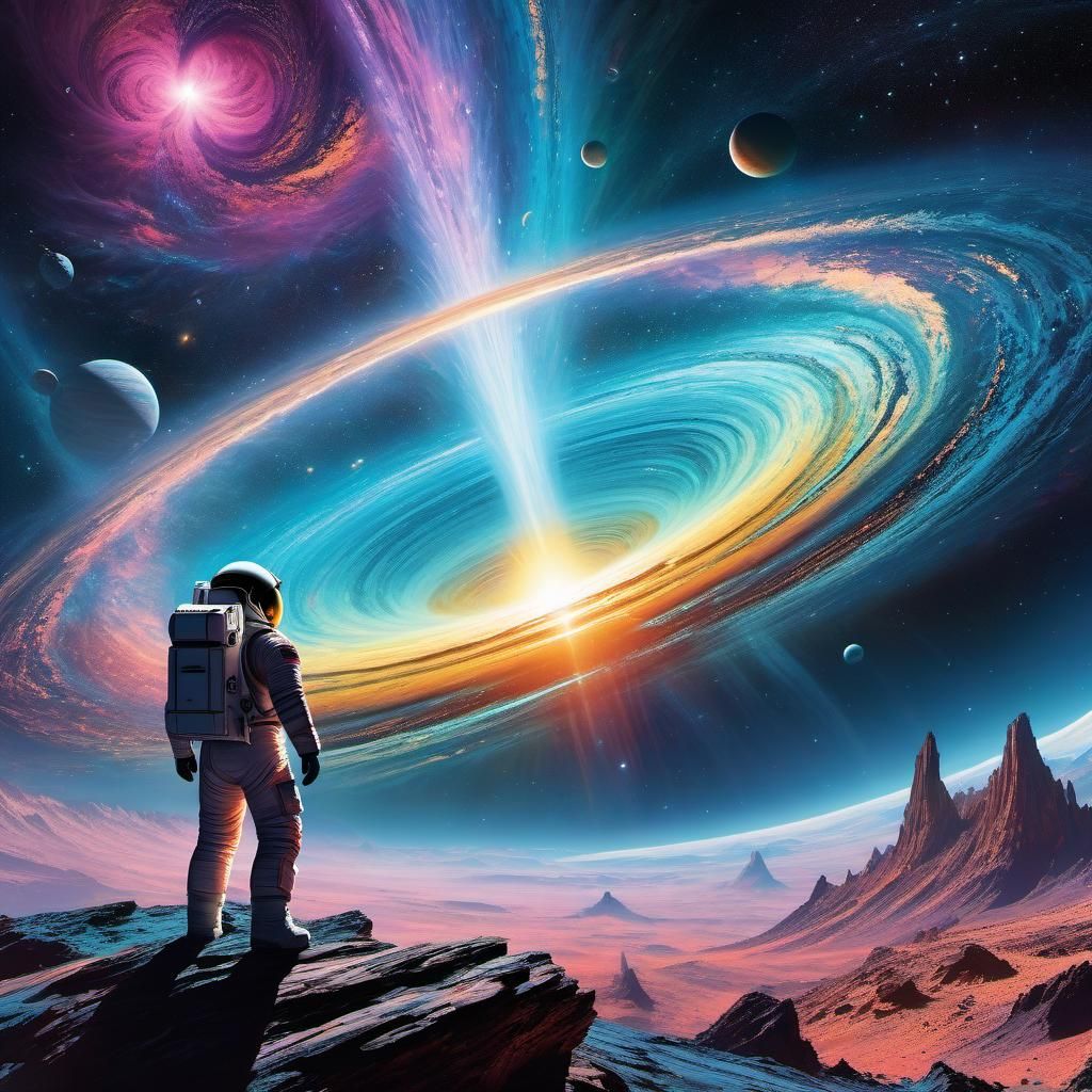 Astronaut Stares into Glowing Wormhole in Cosmic Nebula