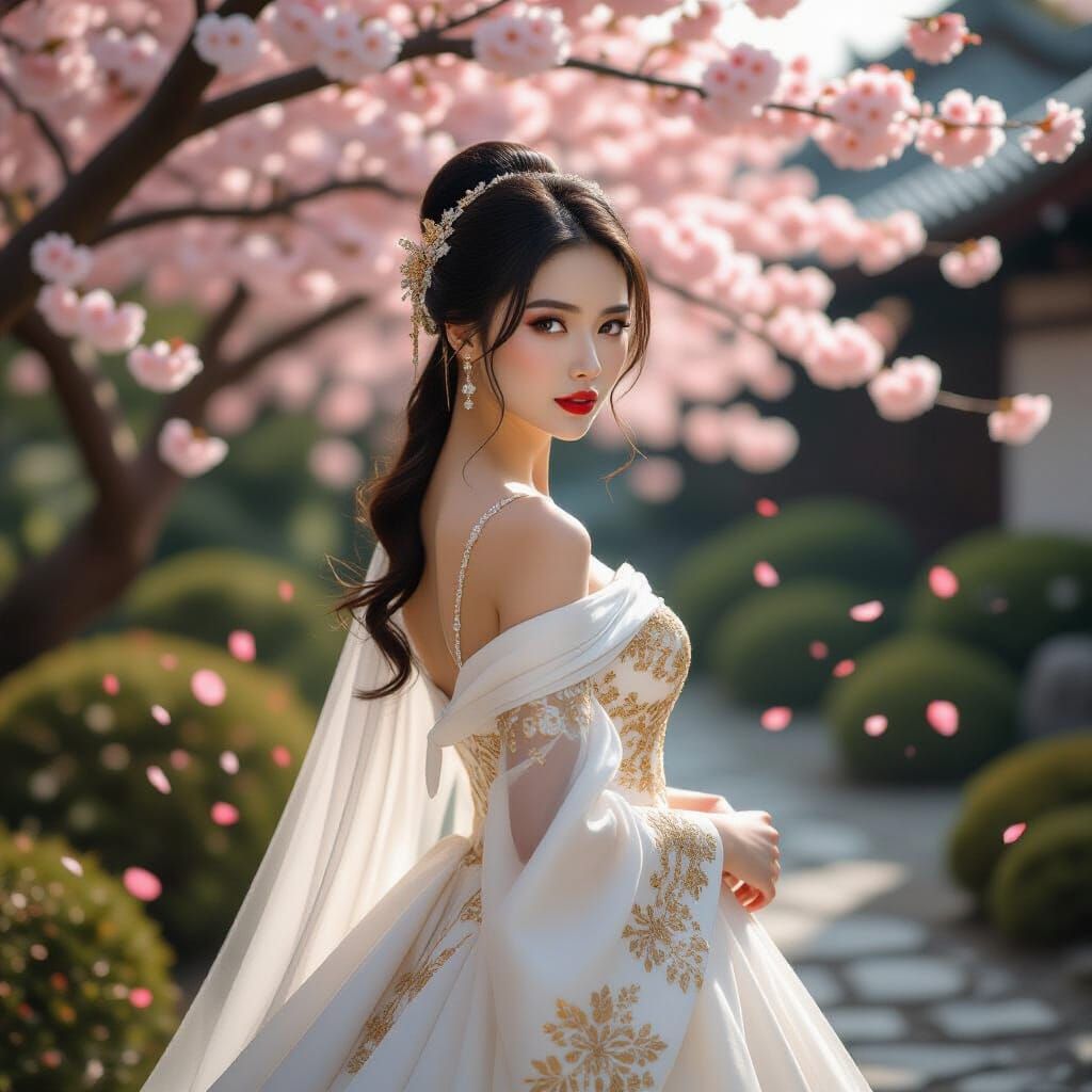 Chinese Model in Wedding Gown, Japanese Garden, Cinematic Li...