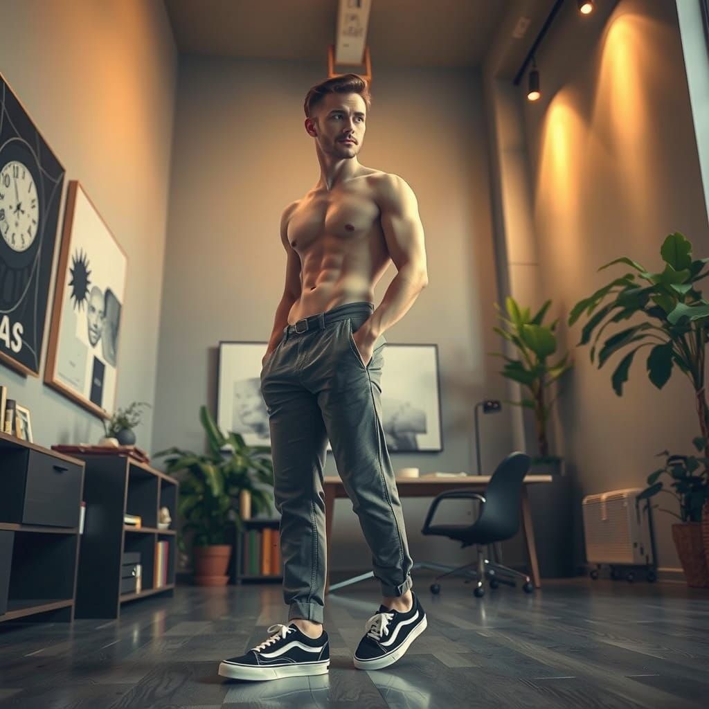 Athletic Man in Minimalist Apartment: Documentary Style