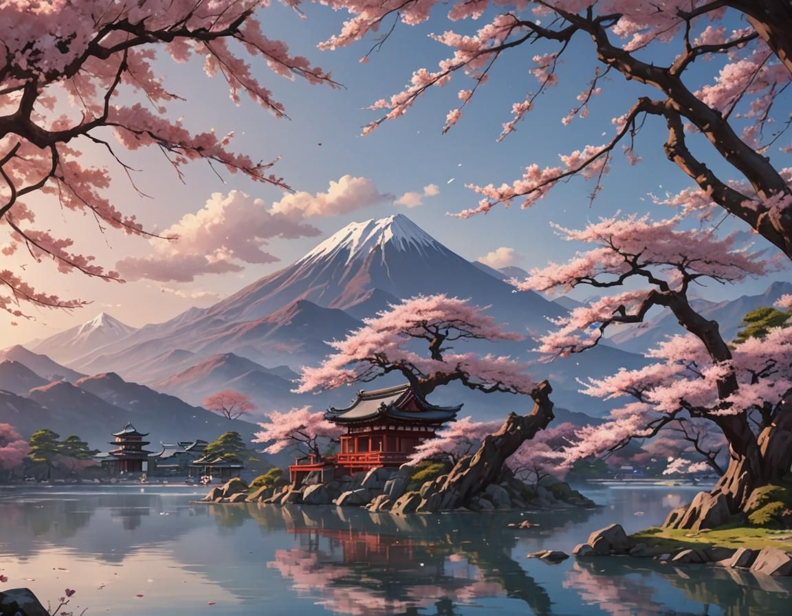 Sakura Tree by Lake with Japanese Temples