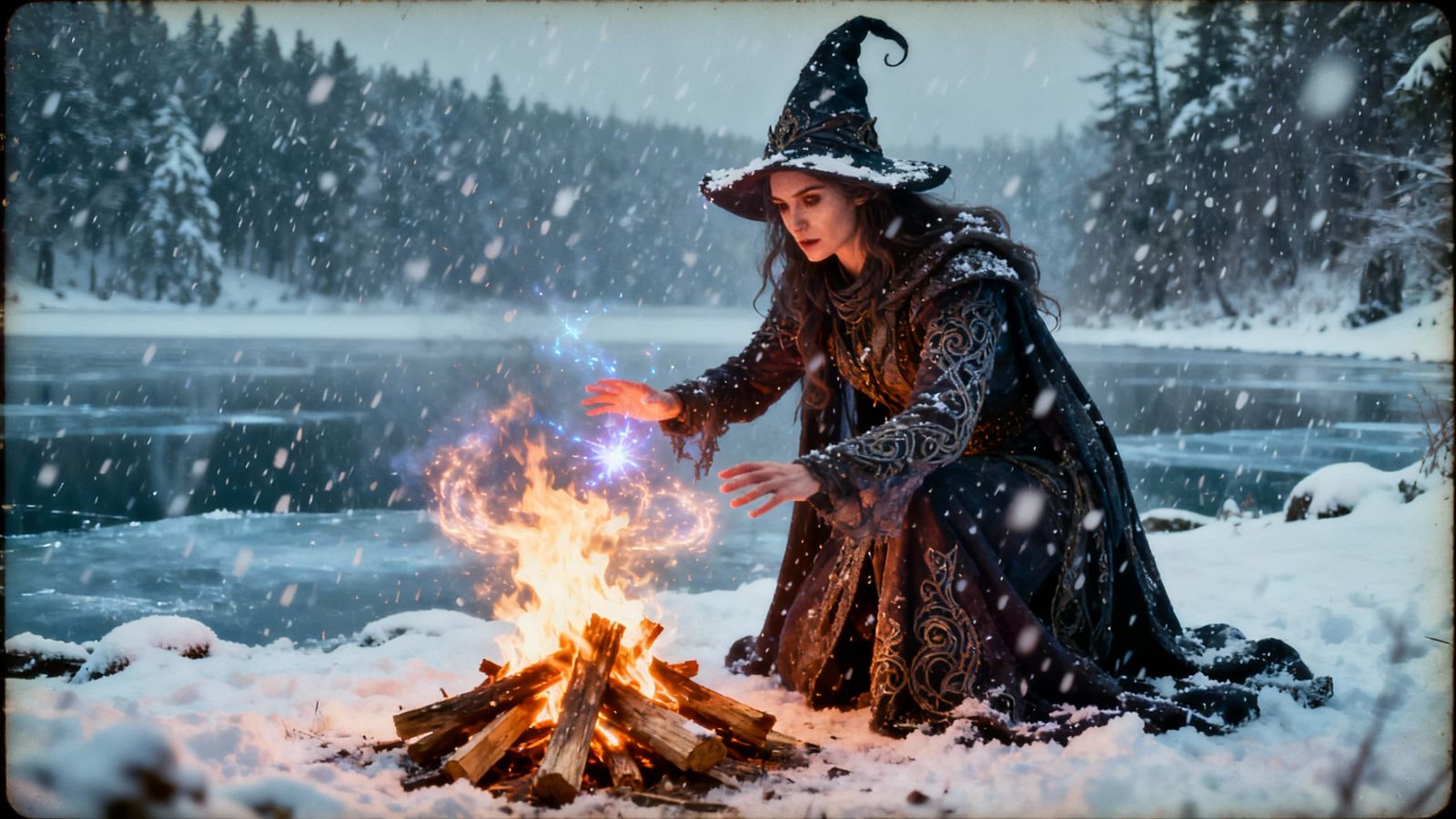 Witch Casting Fire Spell in Winter Snowstorm