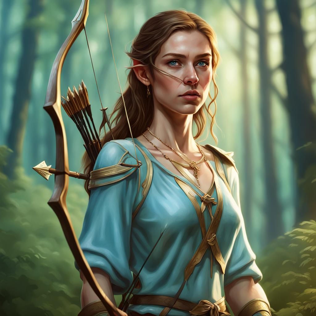 Hyperrealistic Elf Archer in Forest with Bow and Arrows
