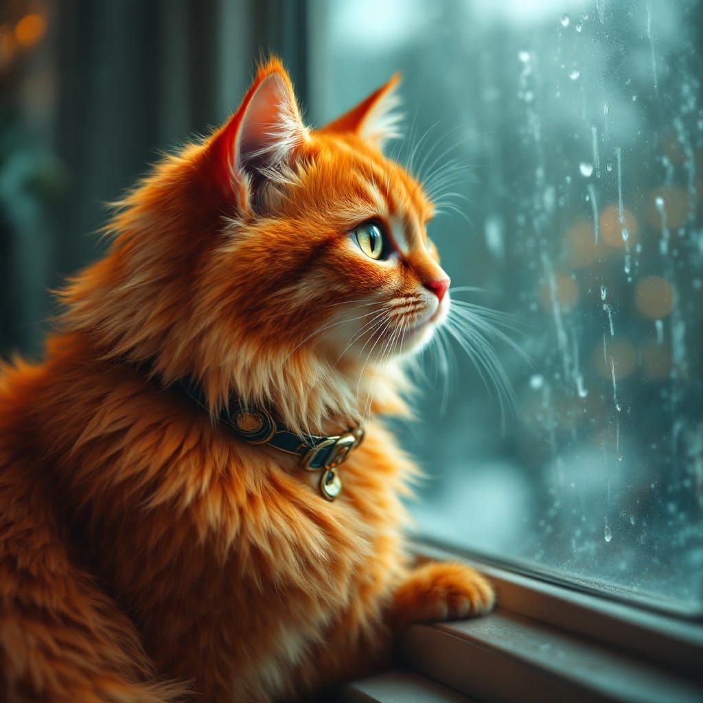Fluffy Cat Watches Stormy Day Through Window