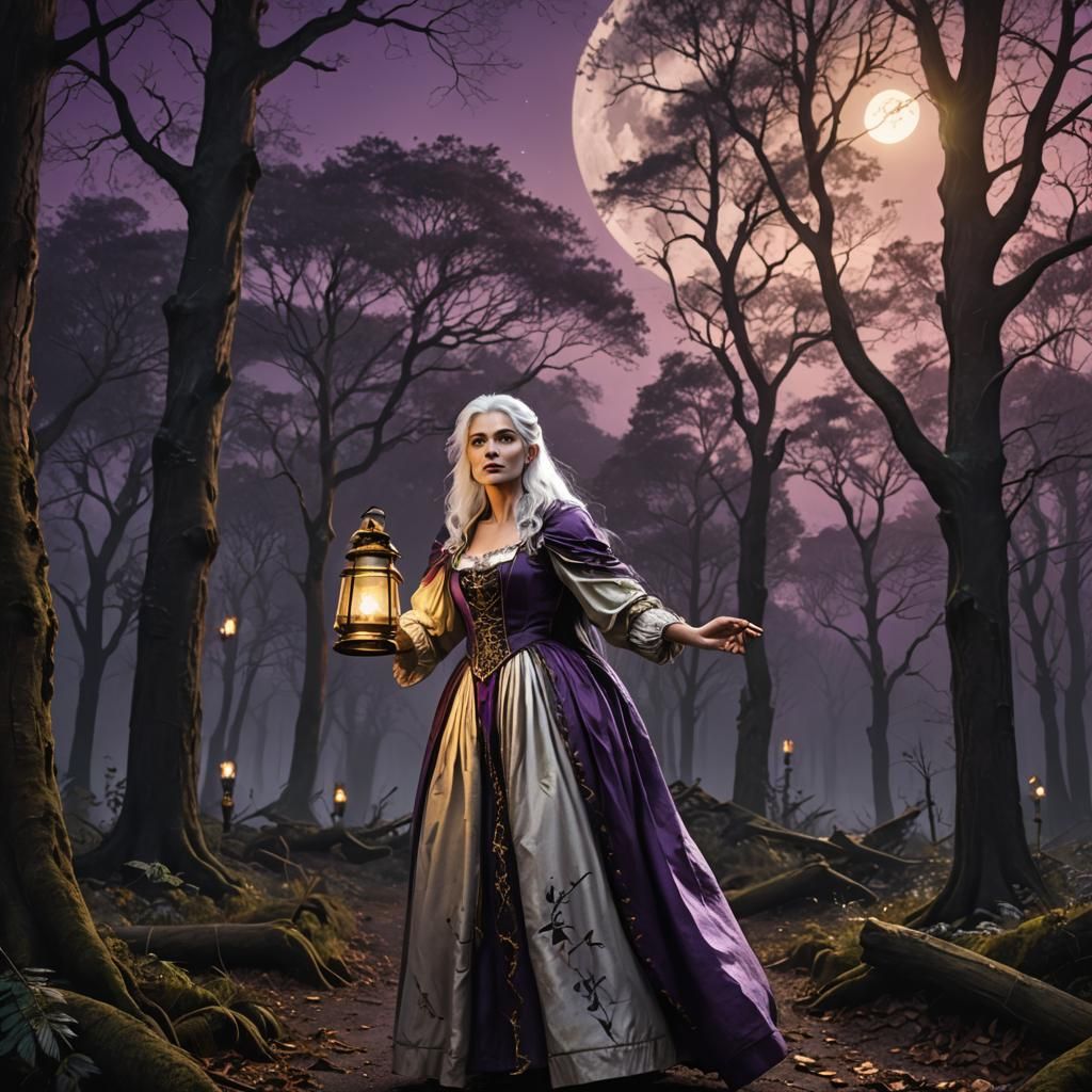 Woman with Lantern in Dark Forest Fantasy Art