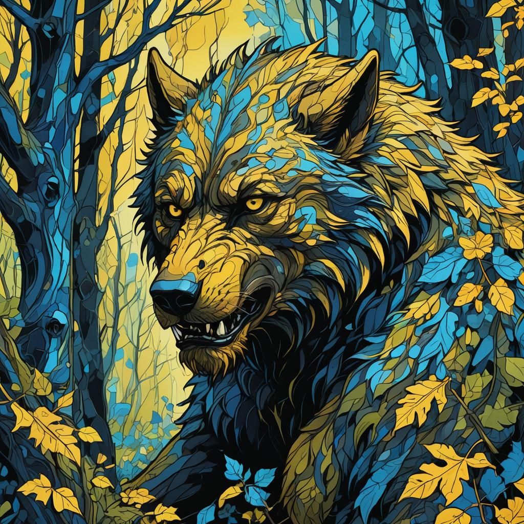 Melancholy Werewolf in Forest, Abstract Art Nouveau