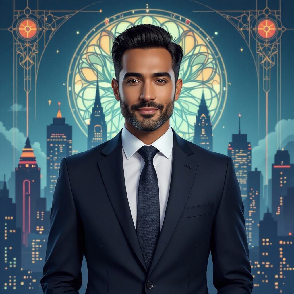 Hassan TV Host in Futuristic Art Nouveau Style