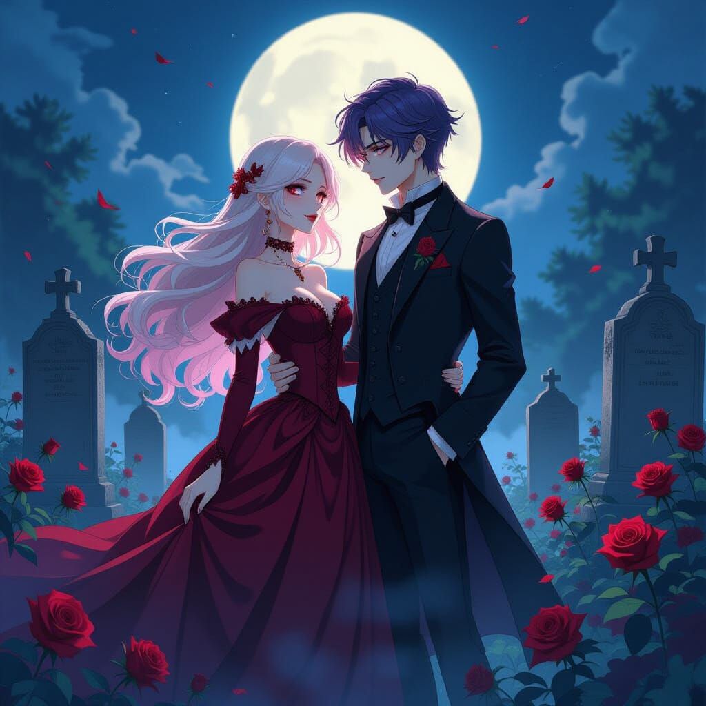 Gothic Anime Vampire Couple in Moonlit Garden