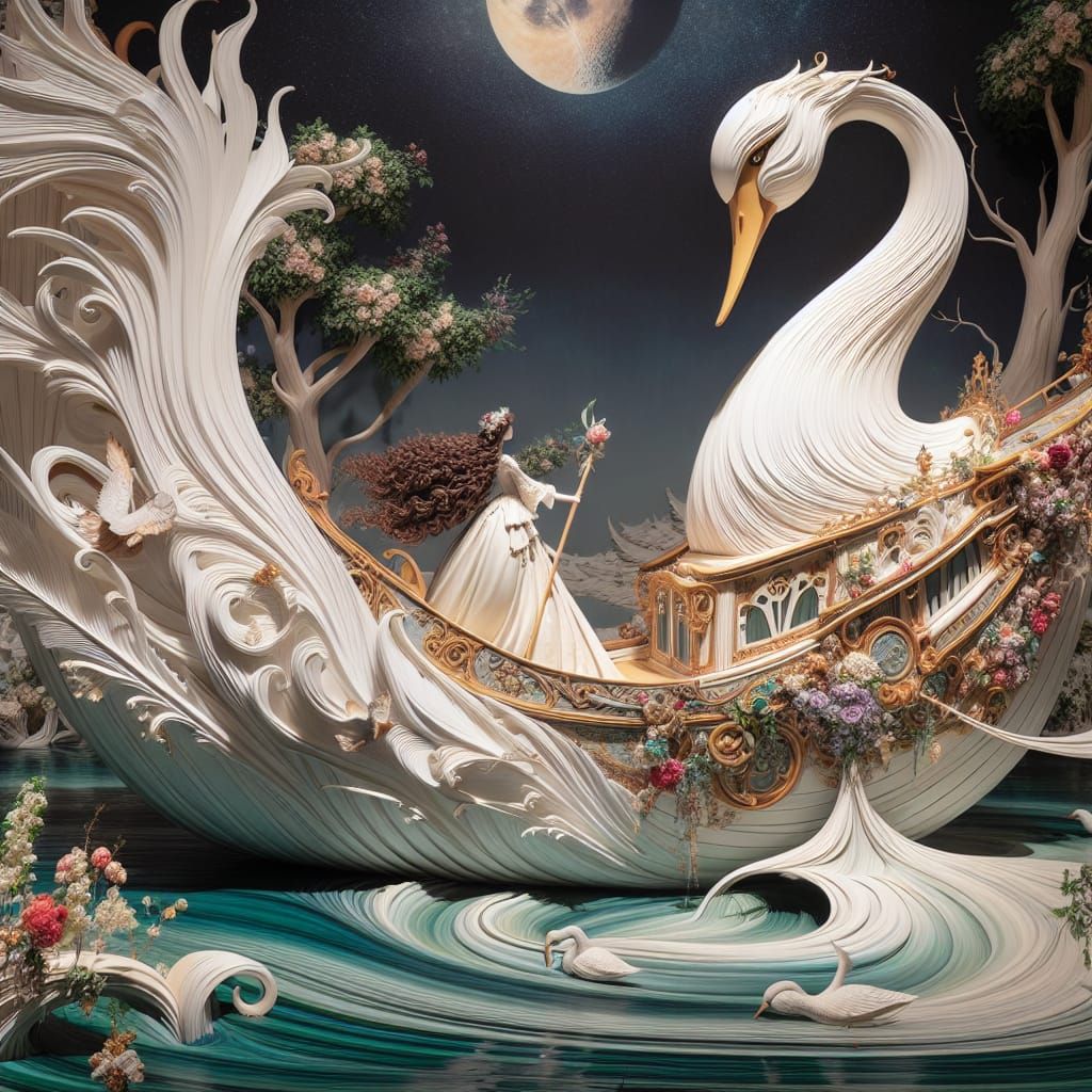 Swan Boat with Girl in Gown: Pre-Raphaelite Style
