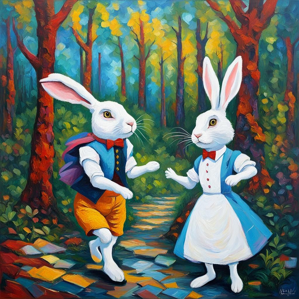 white rabbit and alice  in wonderland after  nuclear war