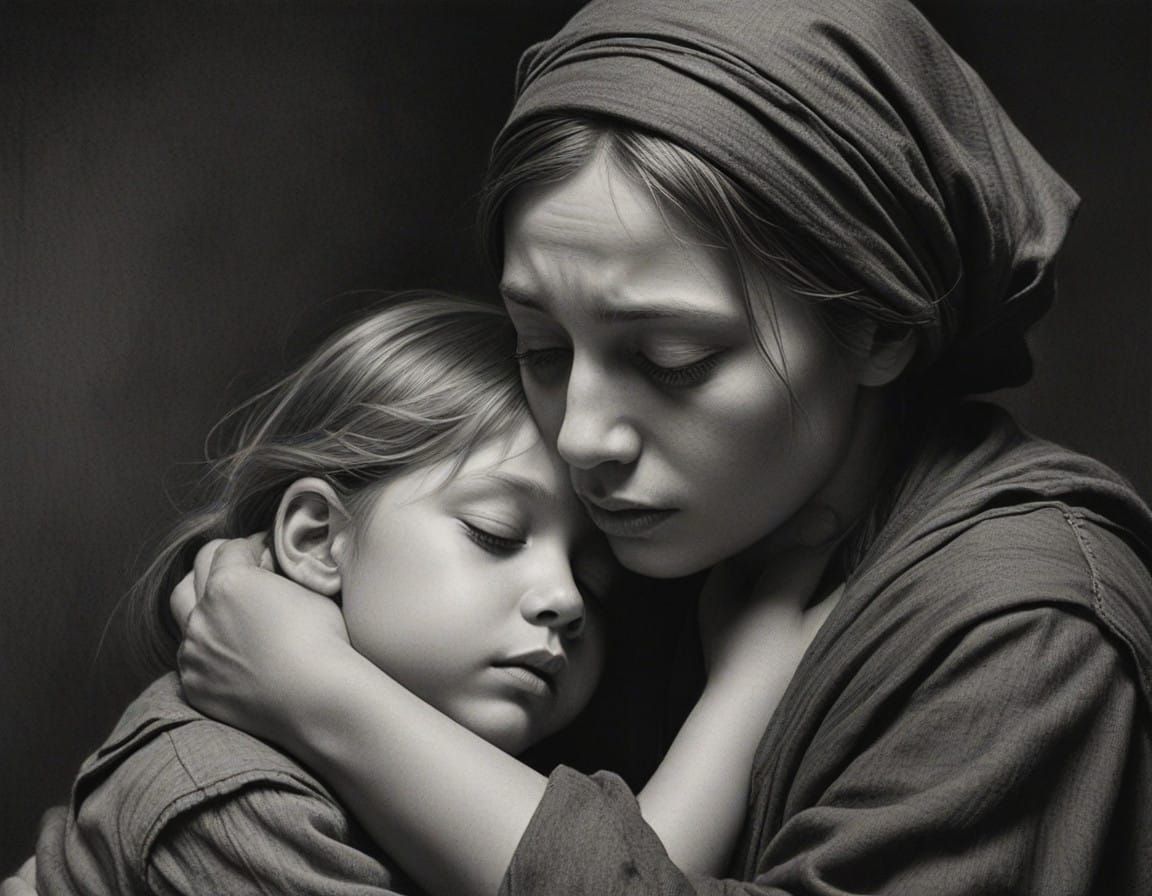 Mother and Child: Hyperdetailed Charcoal Drawing