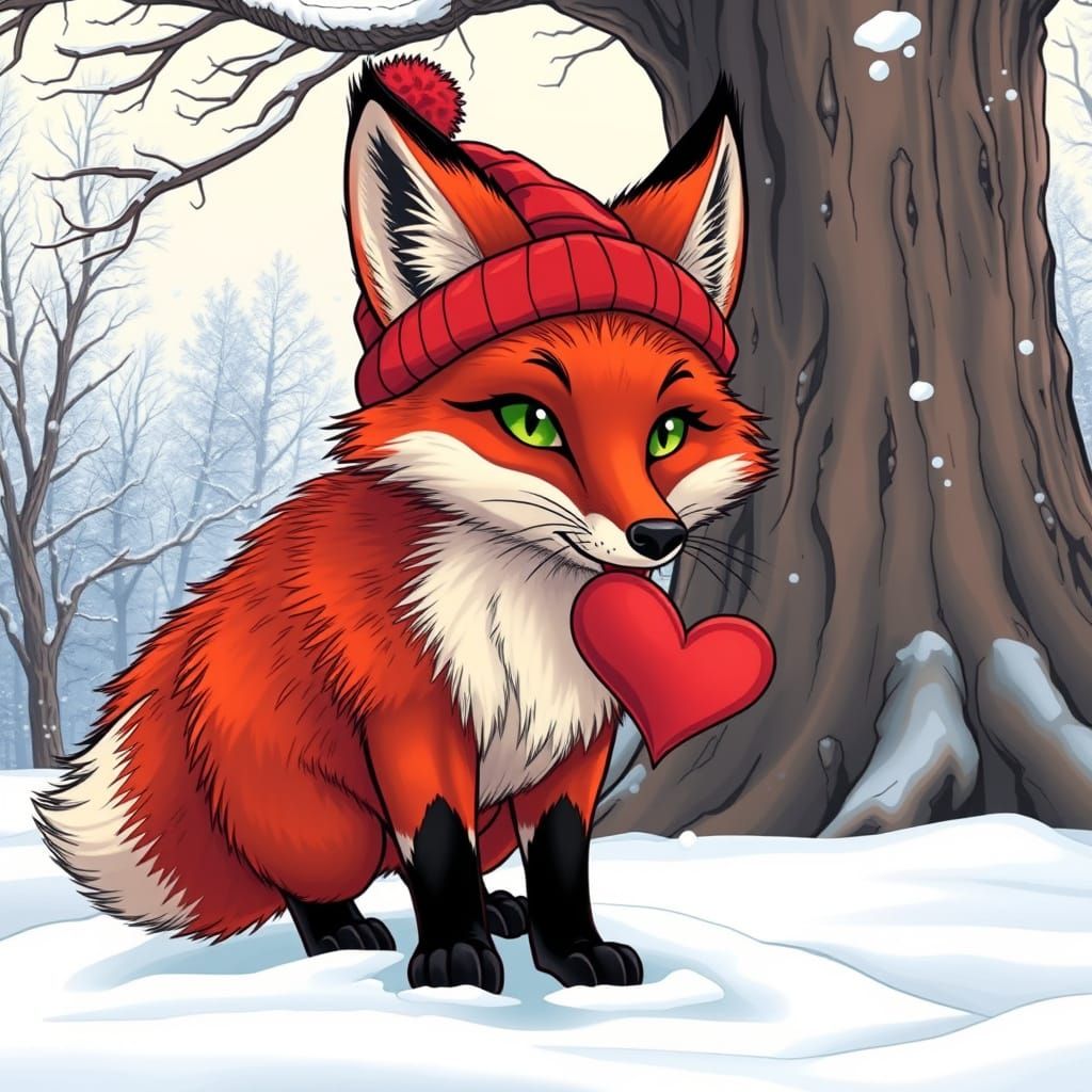 Majestic Red Fox Holds Heart in Snowy Wonderland