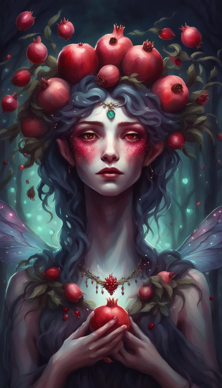 Persephone Portrait with Pomegranate and Bleeding Heart