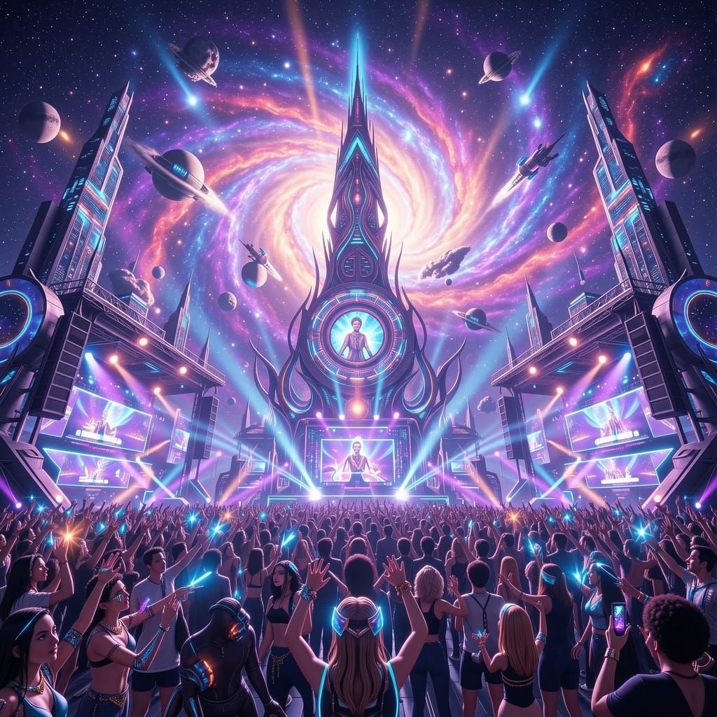 Afrofuturist Cosmic Rave in Nebula, 3D Anime Art