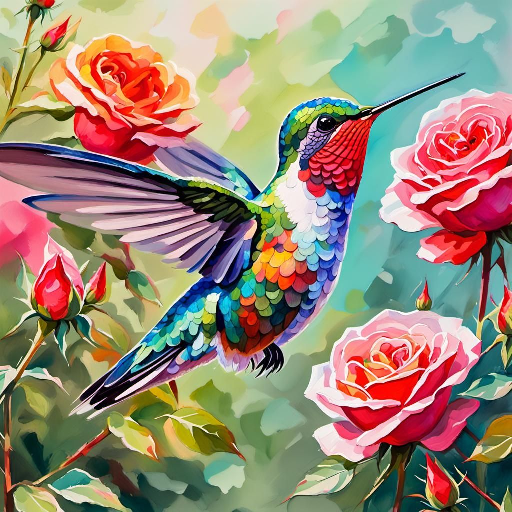 Hummingbird in Roses Field: Gouache Watercolor Painting