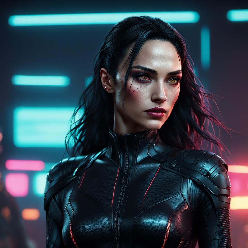 Cyberpunk Girl with Black Eyes in Neon Cityscape