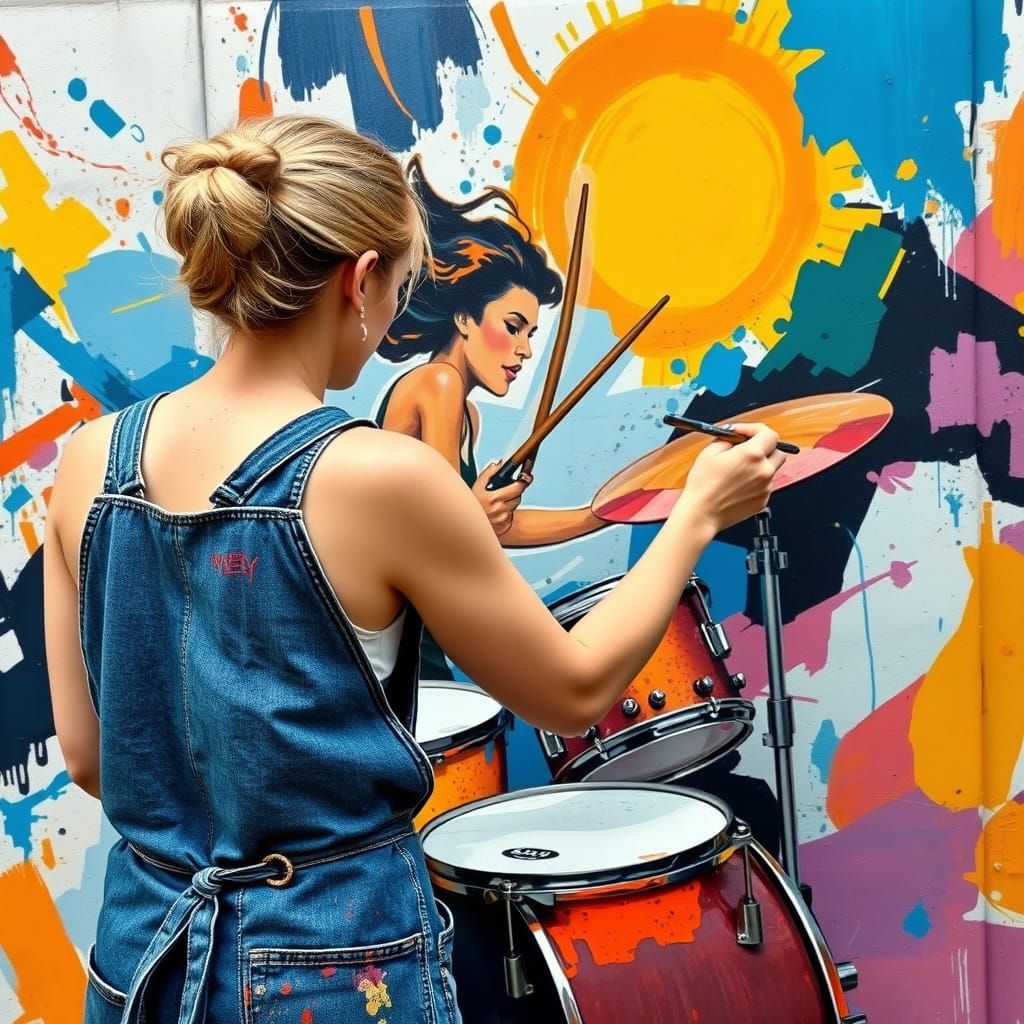 Vibrant Mural of Gwen Stacy Playing Drums in Abstract Expres...