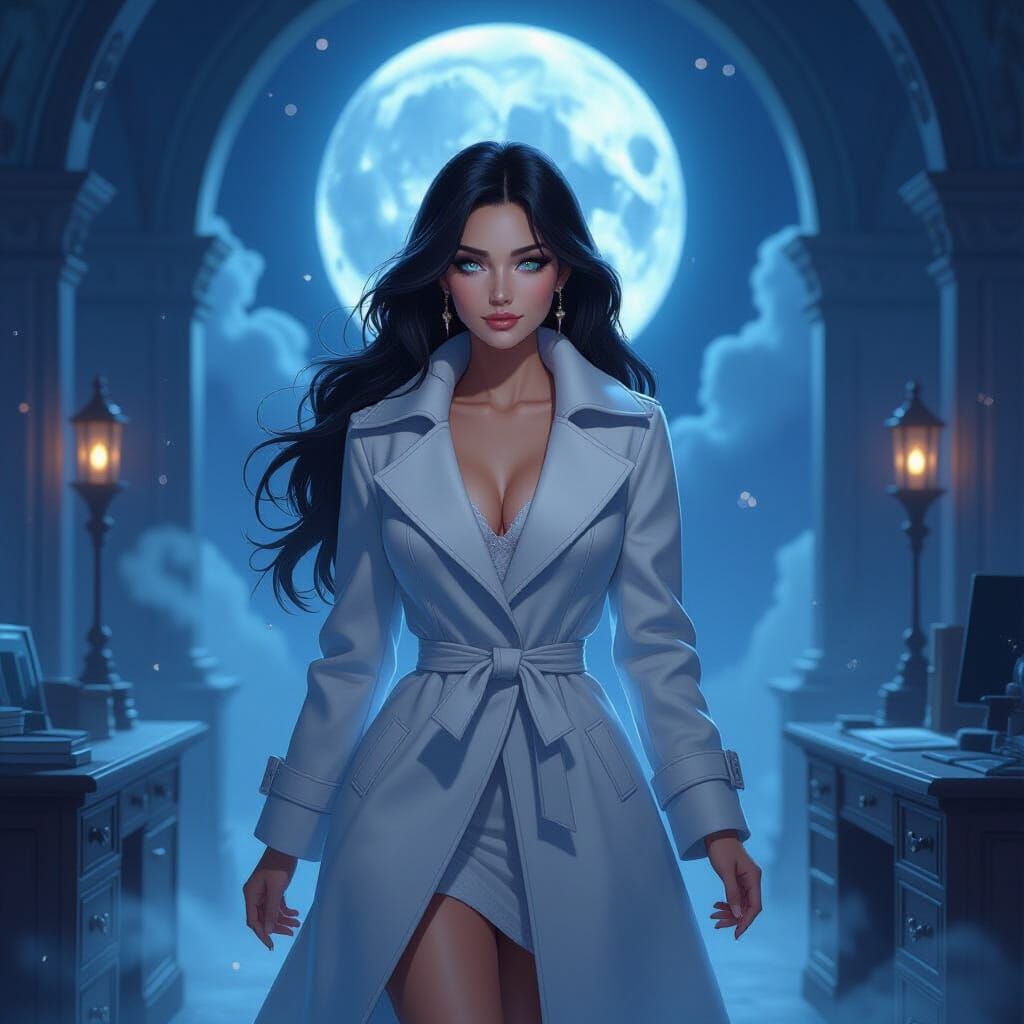 Mystical Woman in Moonlit Office: Fantasy Art
