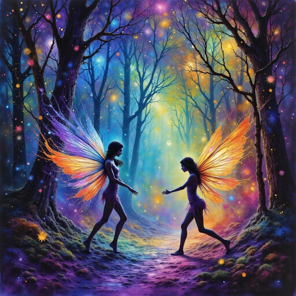 Ethereal Faeries Dancing in Neon Enchanted Forest