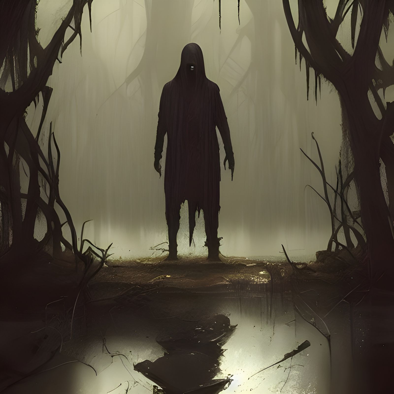 Sinister Creature Lurks in Swamp, Dark Fantasy Art