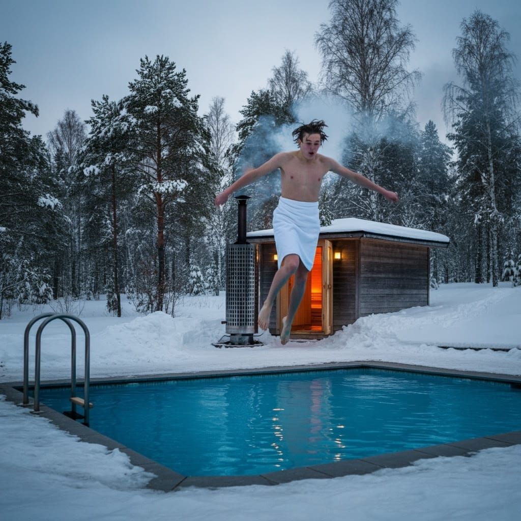 Serene Finnish Winter Scene with Sauna and Icy Pool