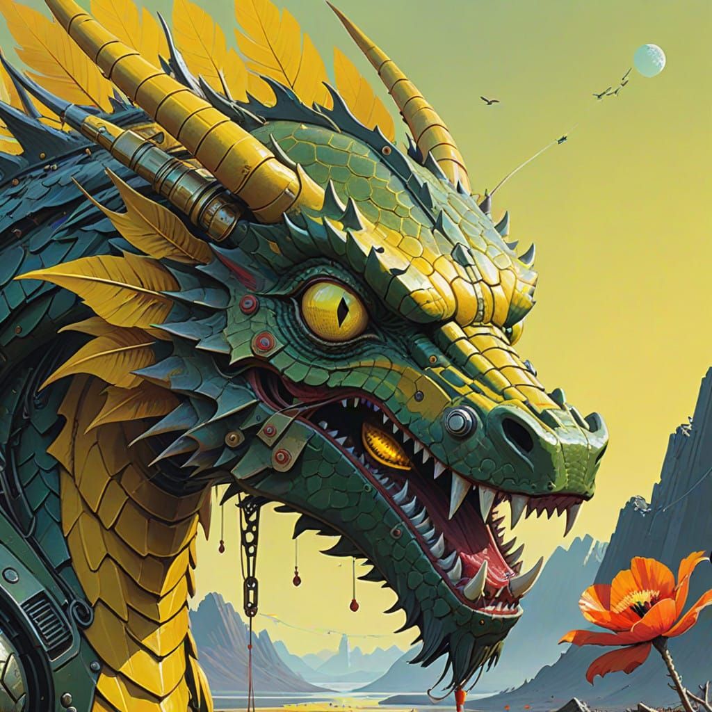 Vibrant, Expressive Dragon Head in Glossy, Textural Fusion