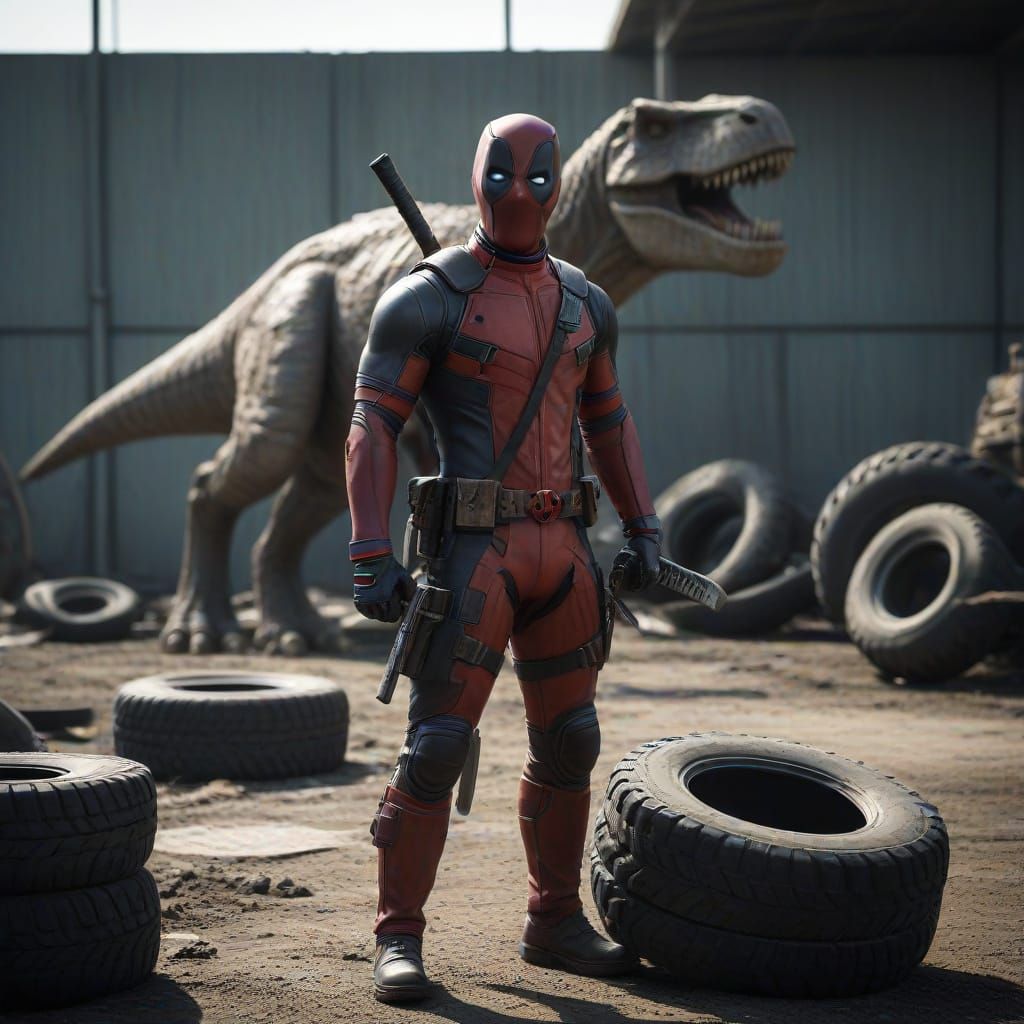 Deadpool in Prison Jumpsuit with Dinosaur Sculpture