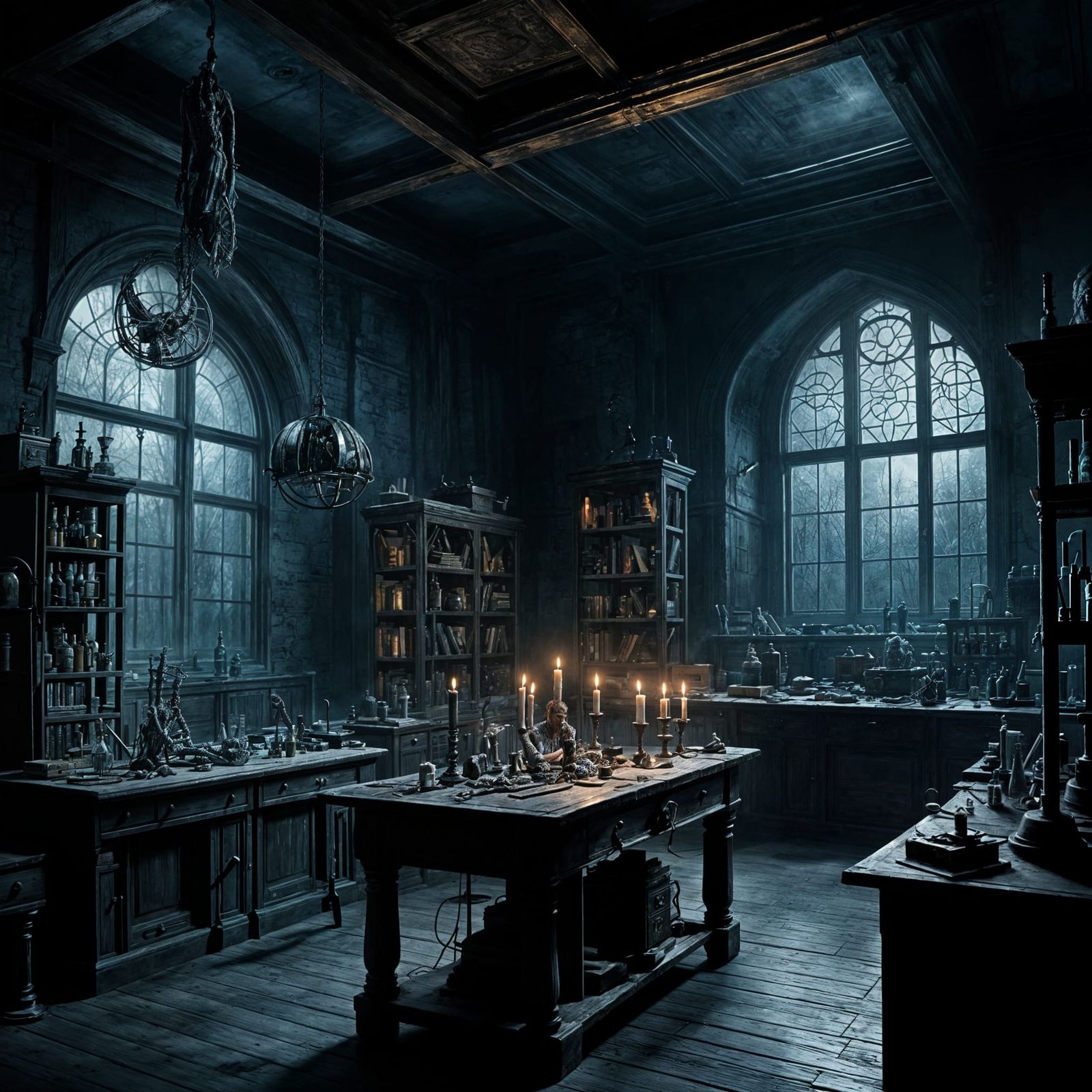 Gothic Horror Laboratory Scene in Dark Academia Style
