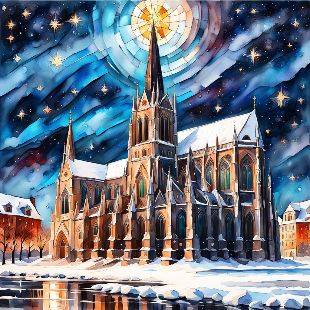 Gothic Cathedral Under Snowy Sky in Gouache Style