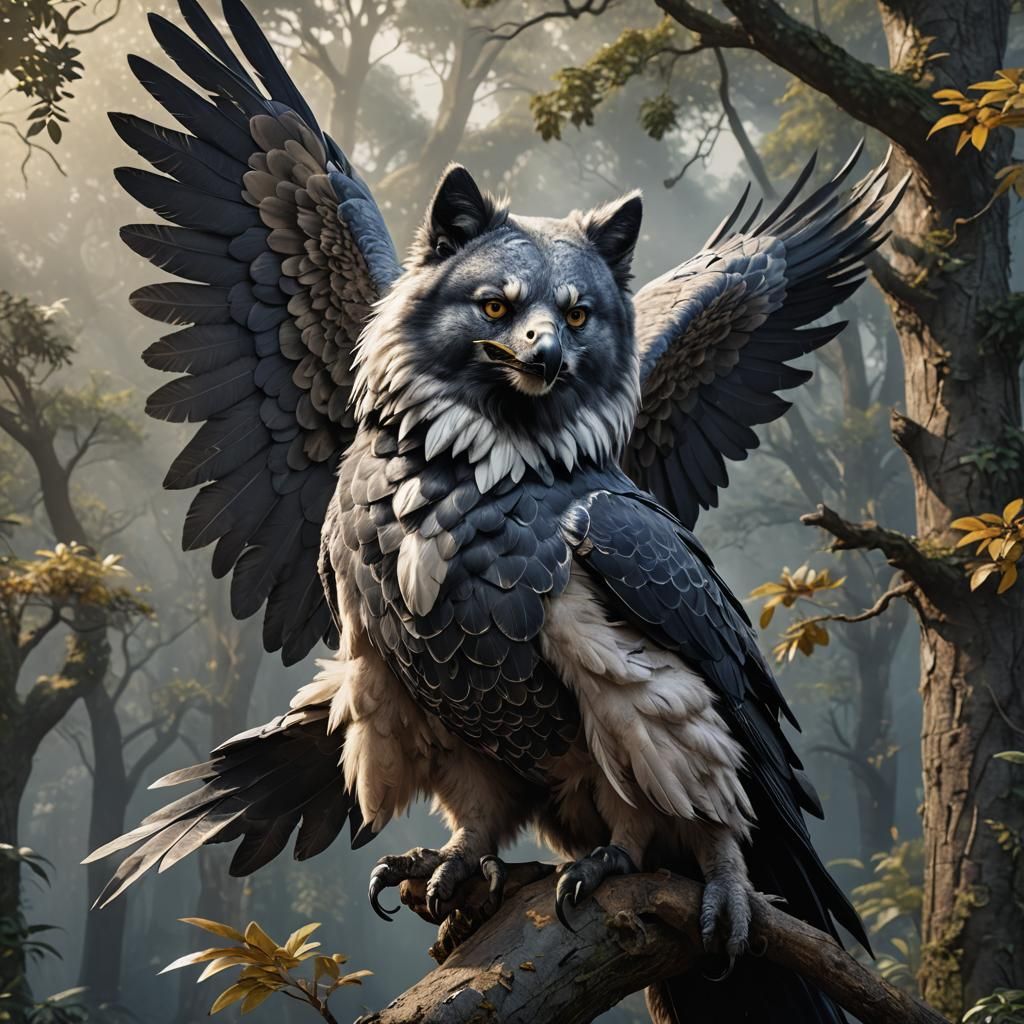 Keeshond Dog as Harpy Eagle: Detailed Matte Painting